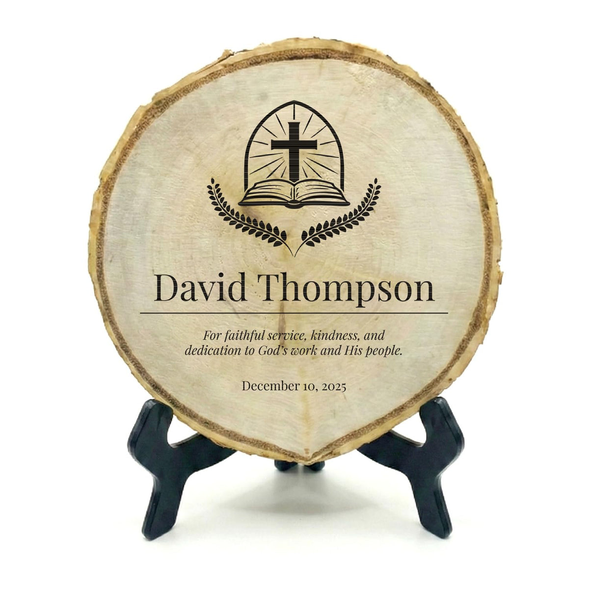 Customizable Rustic Round (Professional Award) Wood Signs – Natural Bark-Edge with a Sleek Black Acrylic Easel – For Counters, Doors & Walls