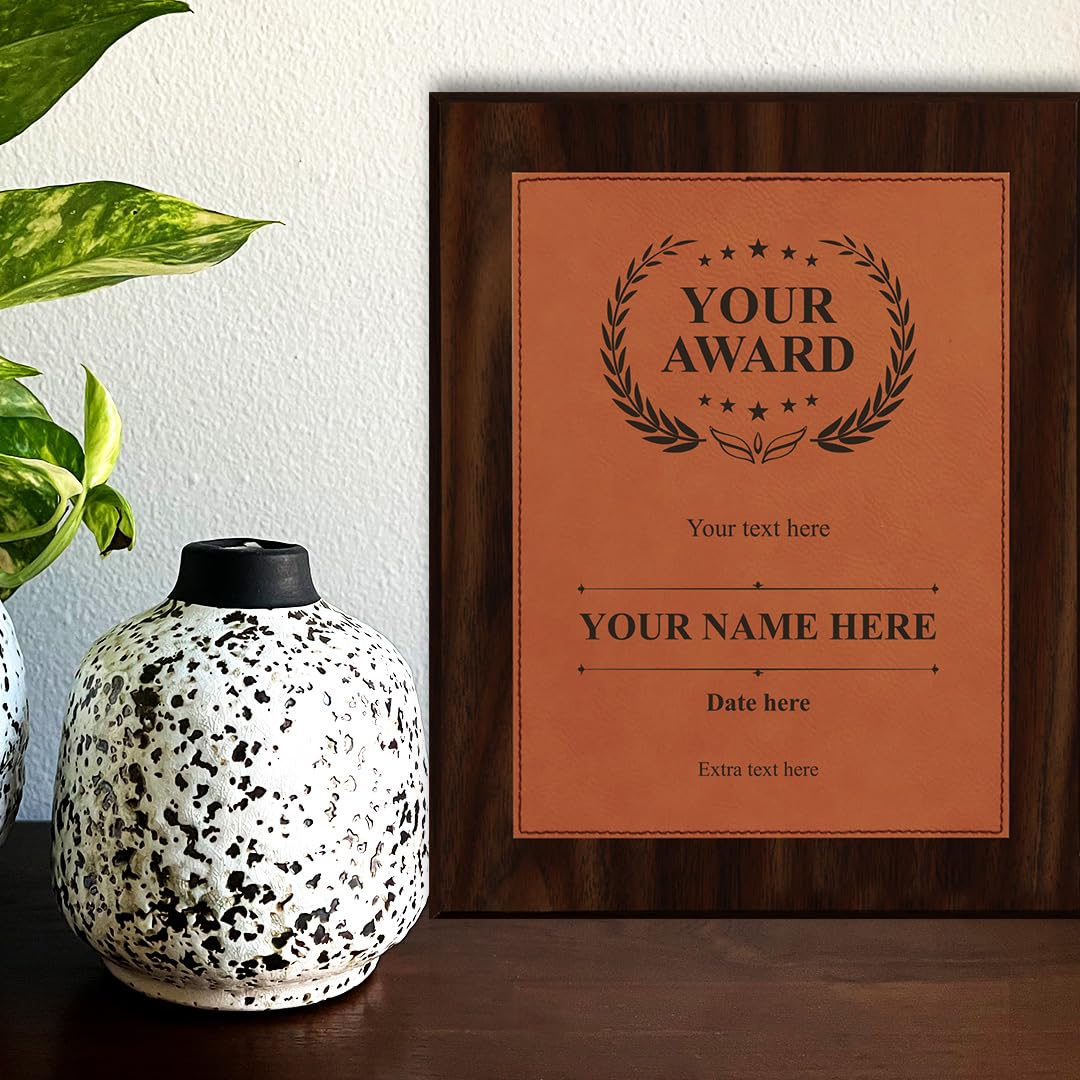 Customizable Leatherette Award Plaque, Wooden Frame Custom Wall Plaque With Optional Acrylic Easel Stand | Personalized Engraving