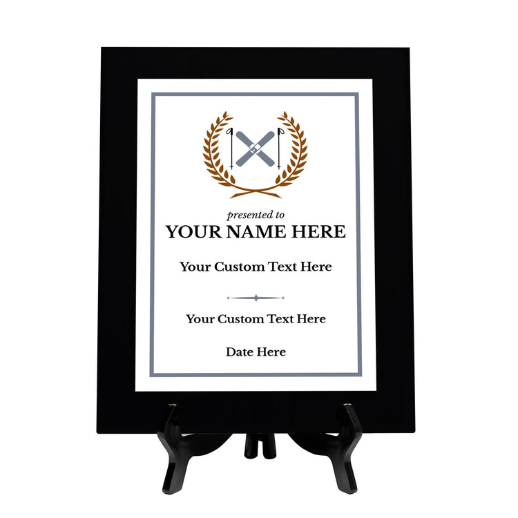 Skiing Customizable Black Frame Wooden Award Plaque | Easel Mount Option | Achievement and Recognition Personalizable Plaques