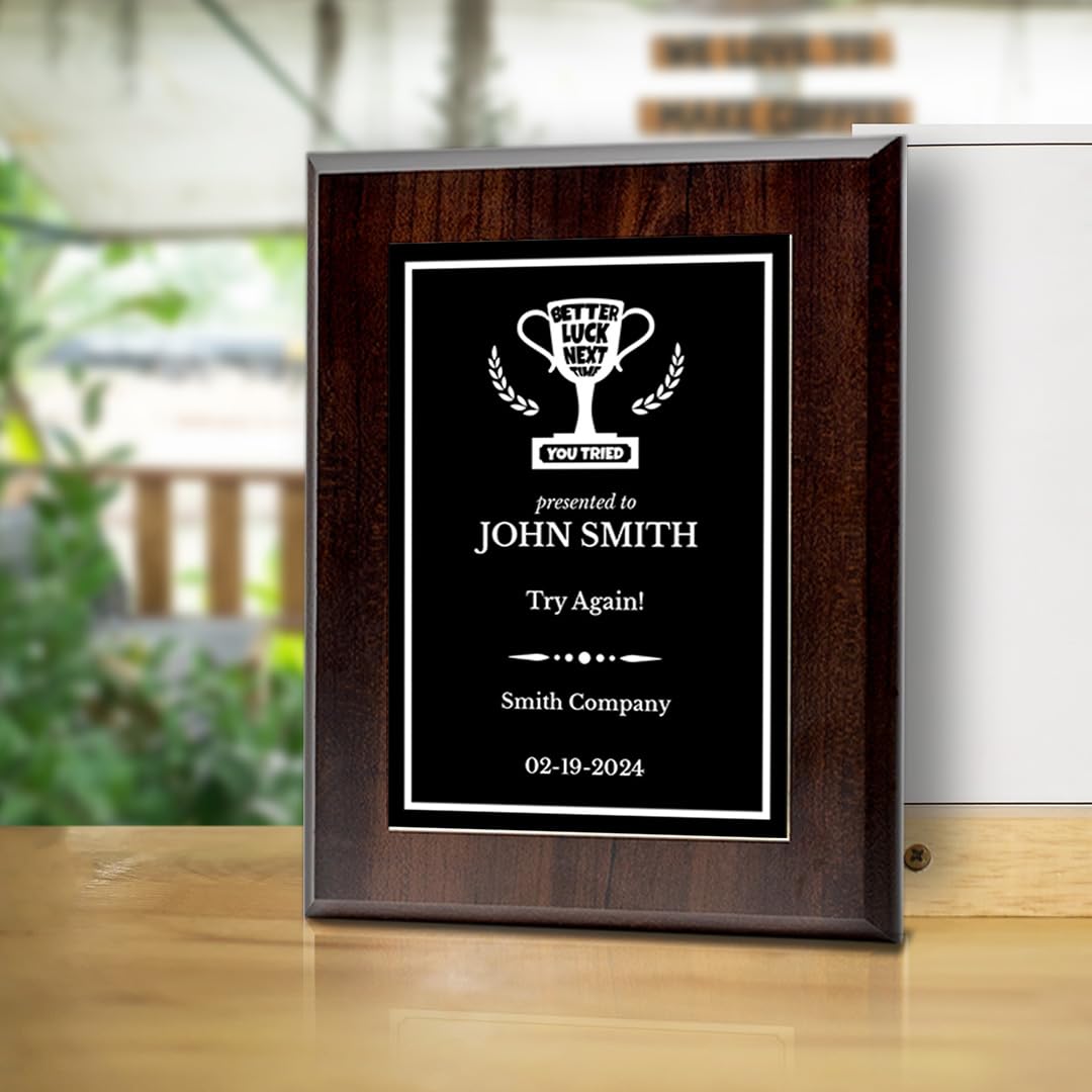 Better Luck Next Time Novelty Funny Customizable Award Plaque | Easel Mount Option | Funny Parody Achievement Personalizable Plaques