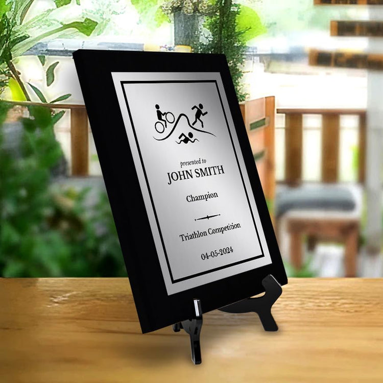 Triathlon Customizable Black Frame Wooden Award Plaque | Easel Mount Option | Achievement and Recognition Personalizable Plaques