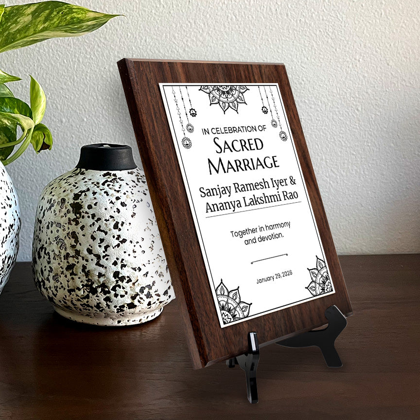 Personalized Vivaha Ceremony Award Plaque, Custom Wooden Wall Plaque with Optional Easel Stand for Hindu Wedding Recognition