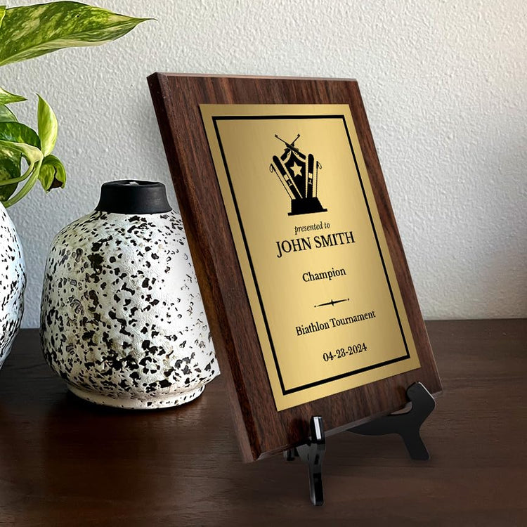 Biathlon Customizable Wooden Award Plaque | Easel Mount Option | Achievement and Recognition Personalizable Plaques | Sports Award