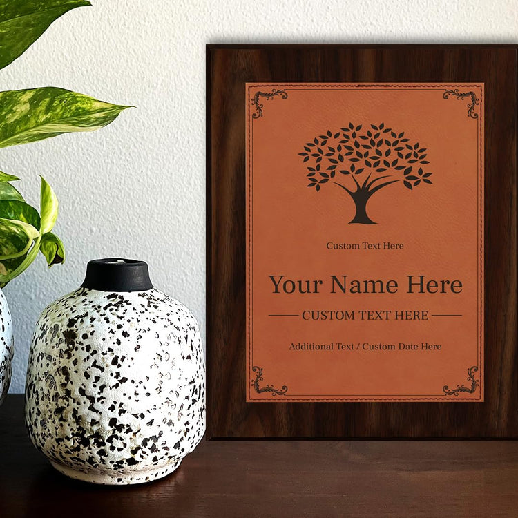 Tree Design Award Theme, Wooden Frame Customizable Leatherette Award Plaque | Easel Mount Option | Recognition of Achievement and Service Personalizable Plaques