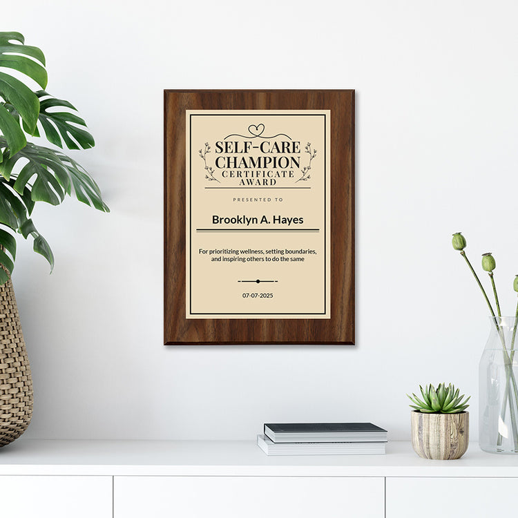 Self-Care Champion Certificate Custom Award Wall Plaque With Easel Acrylic Stand | Personal Achievement Wall Plaques