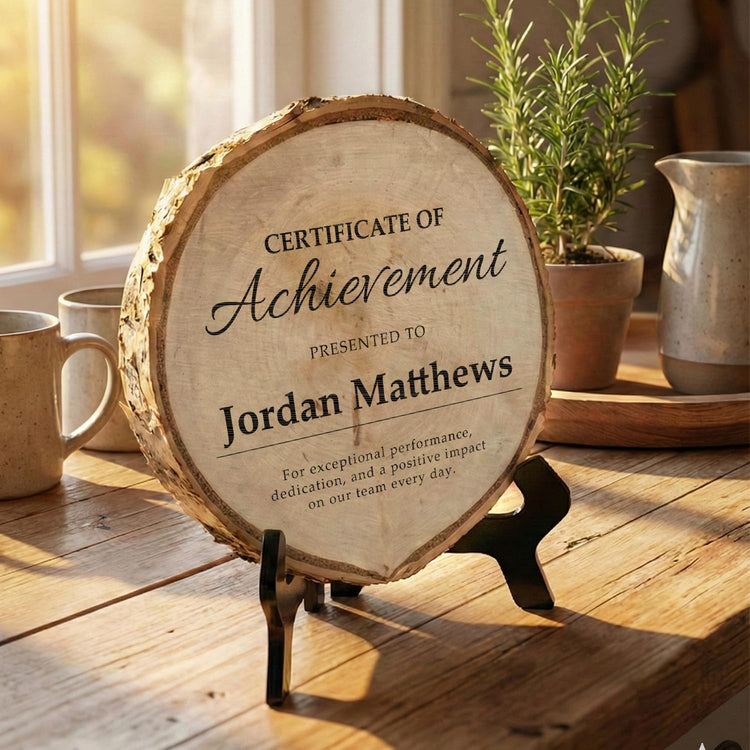 Customizable Rustic Round (Award Themed) Wood Signs – Natural Bark-Edge with a Sleek Black Acrylic Easel – For Counters, Doors & Walls