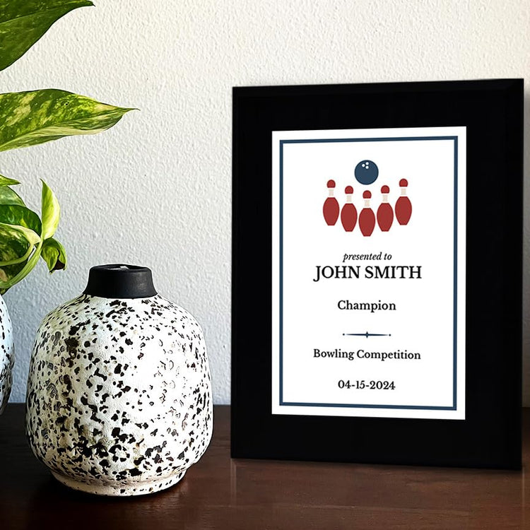 Bowling Customizable Black Frame Wooden Award Plaque | Easel Mount Option | Achievement and Recognition Personalizable Plaques