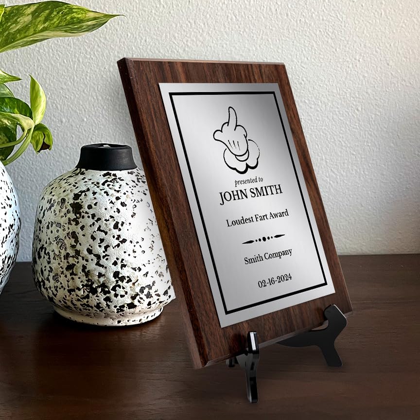 Middle Finger Novelty Funny Customizable Award Plaque | Easel Mount Option | Funny Parody Achievement Personalizable Plaques