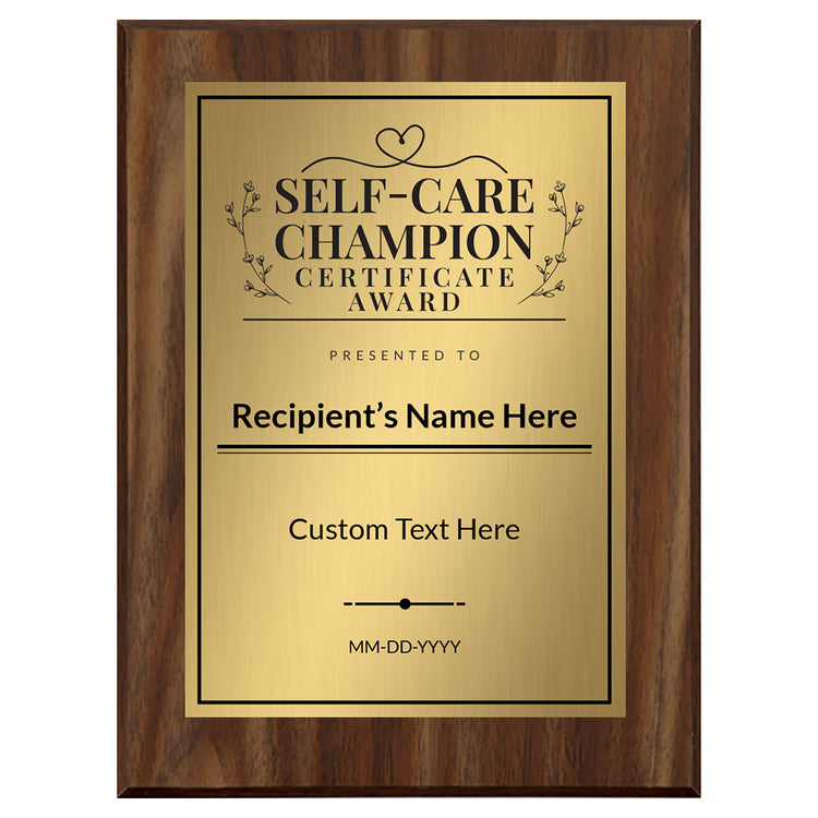 Self-Care Champion Certificate Custom Award Wall Plaque With Easel Acrylic Stand | Personal Achievement Wall Plaques