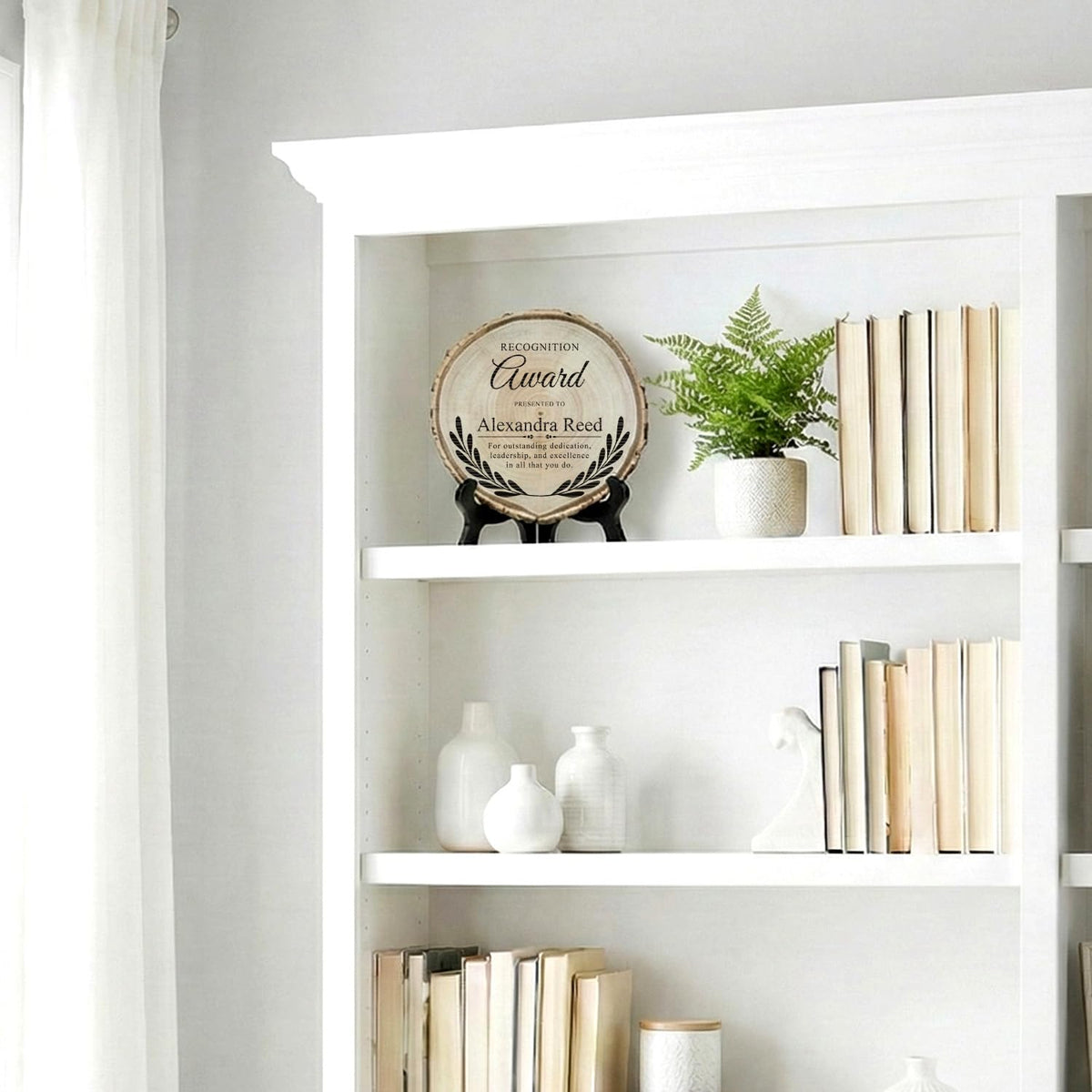 Customizable Rustic Round (Award Themed) Wood Signs – Natural Bark-Edge with a Sleek Black Acrylic Easel – For Counters, Doors & Walls