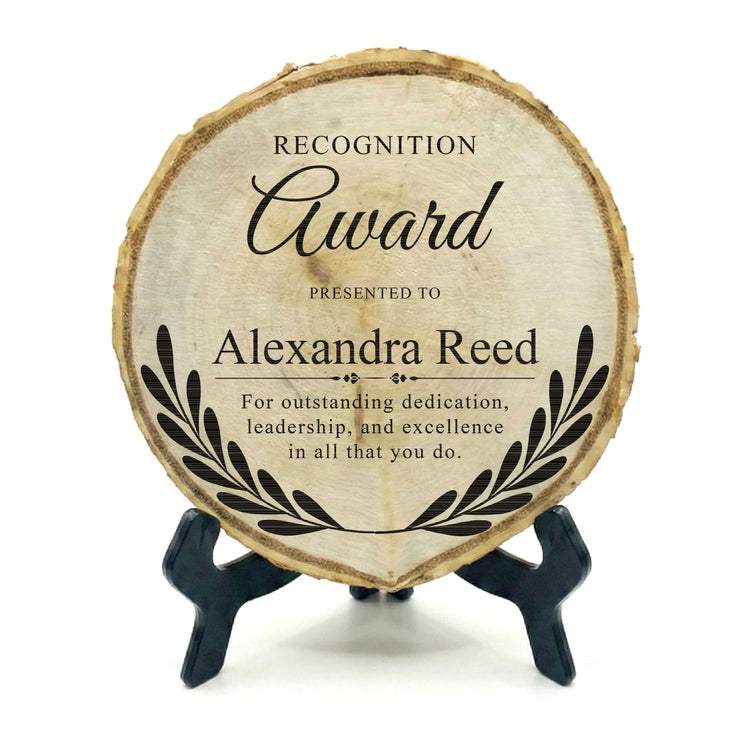 Customizable Rustic Round (Award Themed) Wood Signs – Natural Bark-Edge with a Sleek Black Acrylic Easel – For Counters, Doors & Walls