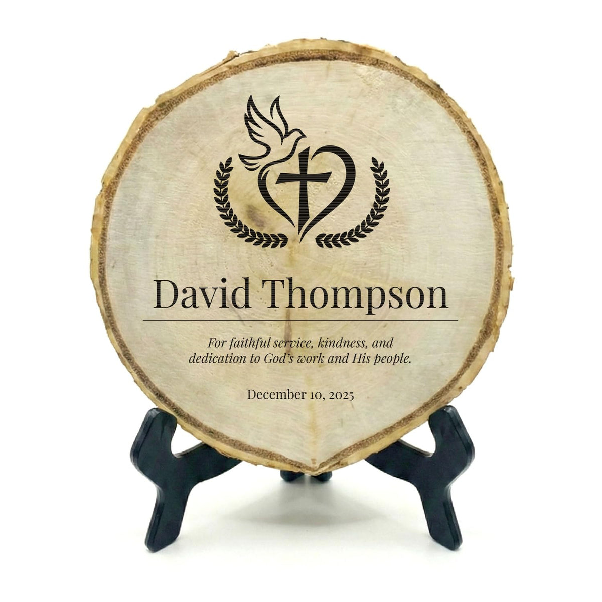 Customizable Rustic Round (Professional Award) Wood Signs – Natural Bark-Edge with a Sleek Black Acrylic Easel – For Counters, Doors & Walls