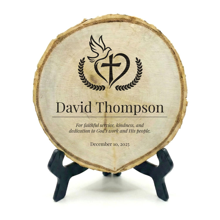 Customizable Rustic Round (Professional Award) Wood Signs – Natural Bark-Edge with a Sleek Black Acrylic Easel – For Counters, Doors & Walls