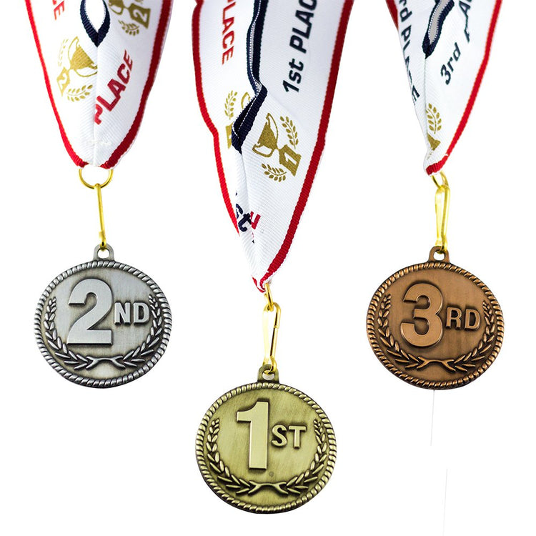1st 2nd 3rd Place High Relief Award Medals - 3 Piece Set (Gold, Silver, Bronze) Includes Custom Designed Neck Ribbon