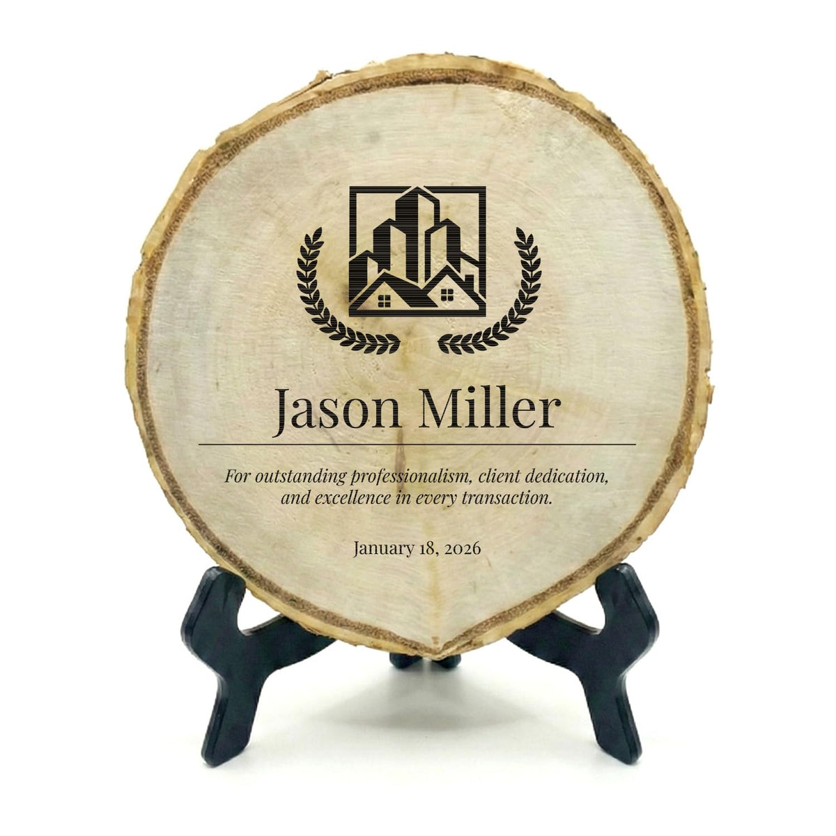 Customizable Rustic Round (Professional Award) Wood Signs – Natural Bark-Edge with a Sleek Black Acrylic Easel – For Counters, Doors & Walls