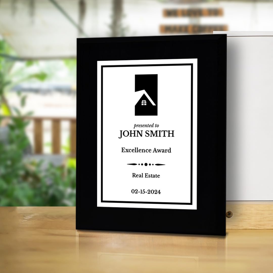 Real Estate Theme Customizable Black Frame Award Plaque | Easel Mount Option | Recognition of Achievement and Service Personalizable Plaques