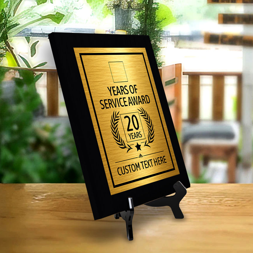Years of Service Award Plaque — 20 Years Award Personalized (Black) Wall Plaque With Easel Acrylic Stand | Workplace Recognition Ceremonies Award Plaques