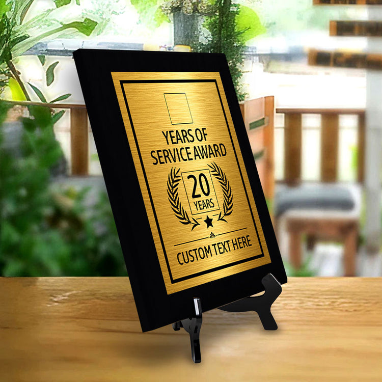Years of Service Award Plaque — 20 Years Award Personalized (Black) Wall Plaque With Easel Acrylic Stand | Workplace Recognition Ceremonies Award Plaques