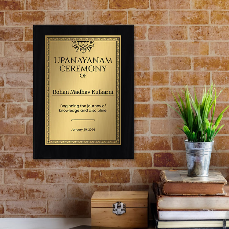 Personalized Upanayanam Ceremony Award Plaque, Custom Wooden Wall Plaque with Optional Easel Stand for Sacred Thread Ceremony