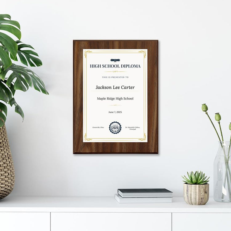 High School Diploma Replica (Wooden) Wall Plaque With Easel Acrylic Stand | Certificates & Achievements Personalized Wall Prints (Plaques)