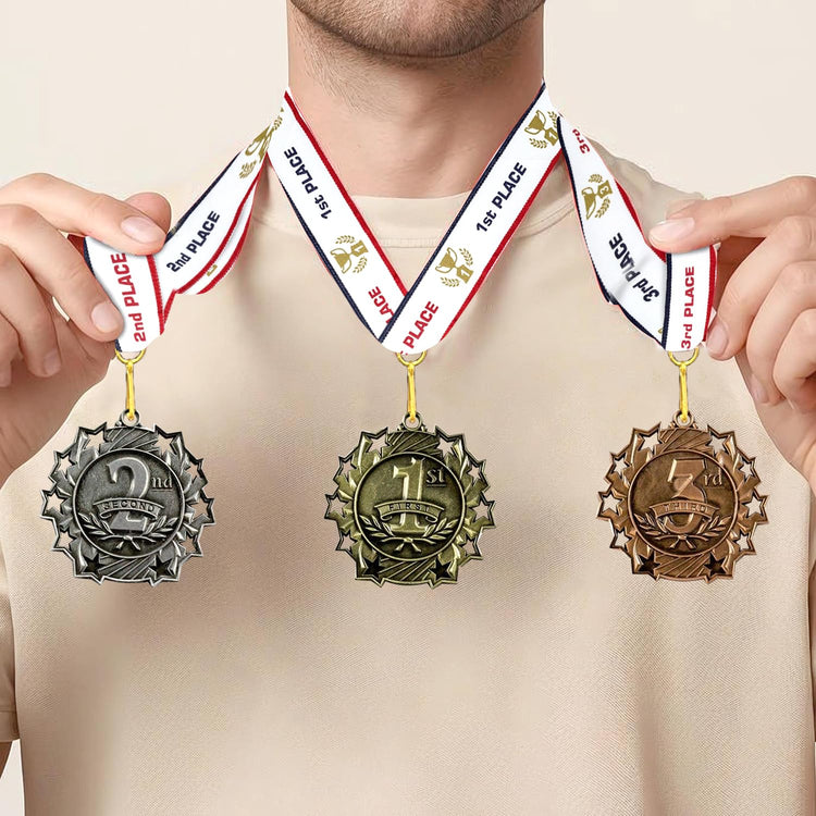 All Quality 1st 2nd 3rd Place Ten Star Award Medals - 3 Piece Set (Gold, Silver, Bronze) Includes Neck Ribbon (1 Pack)