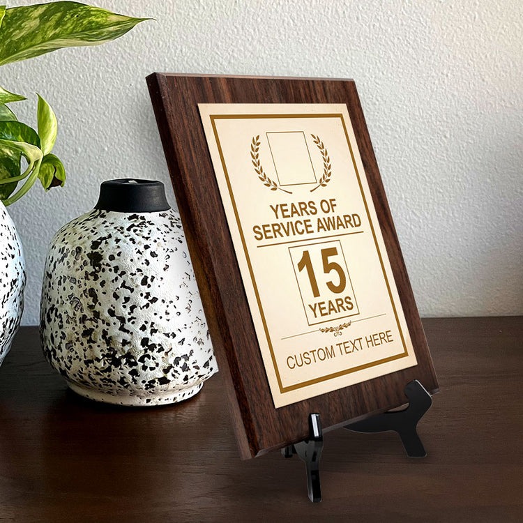 Years of Service Award Plaque — 15 Years Award Personalized (Wooden) Wall Plaque With Easel Acrylic Stand | Workplace Recognition Ceremonies Award Plaques