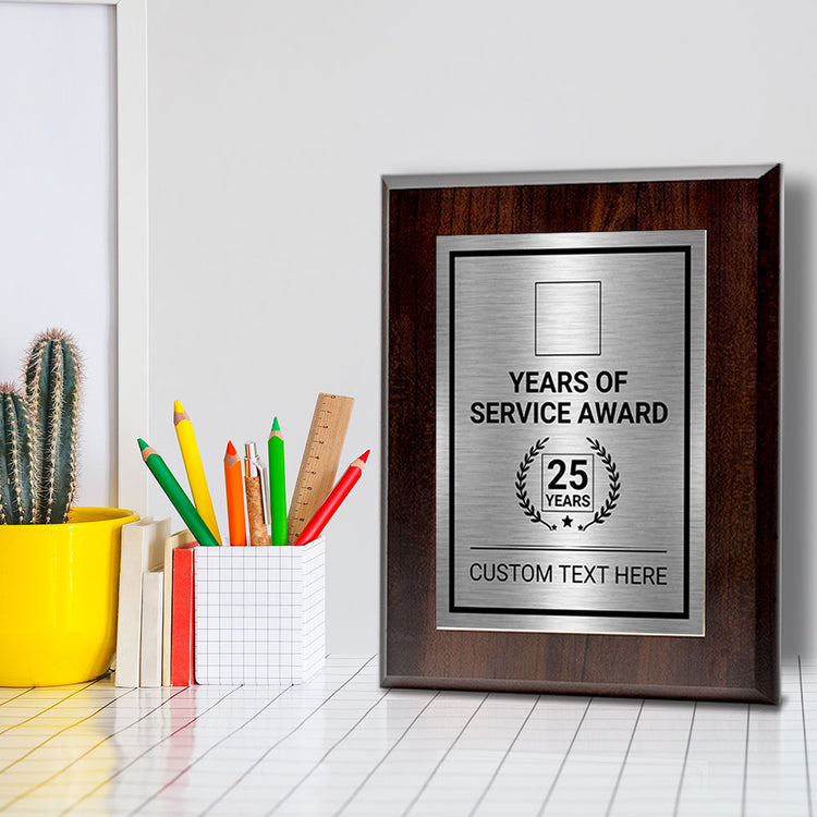 Years of Service Award Plaque — 25 Years Award Personalized (Wooden) Wall Plaque With Easel Acrylic Stand | Workplace Recognition Ceremonies Award Plaques