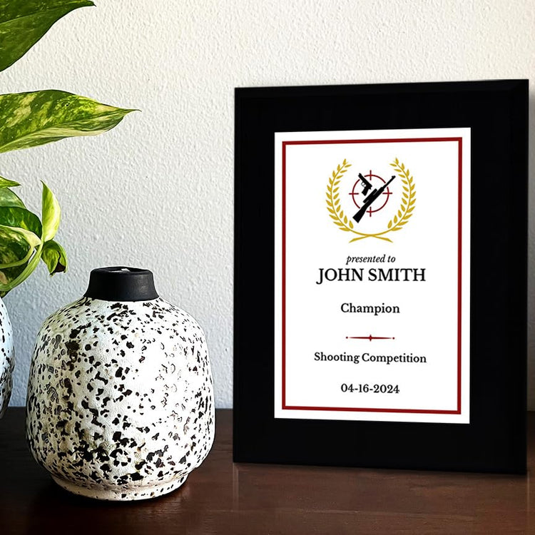 Shooting Customizable Black Frame Wooden Award Plaque | Easel Mount Option | Achievement and Recognition Personalizable Plaques