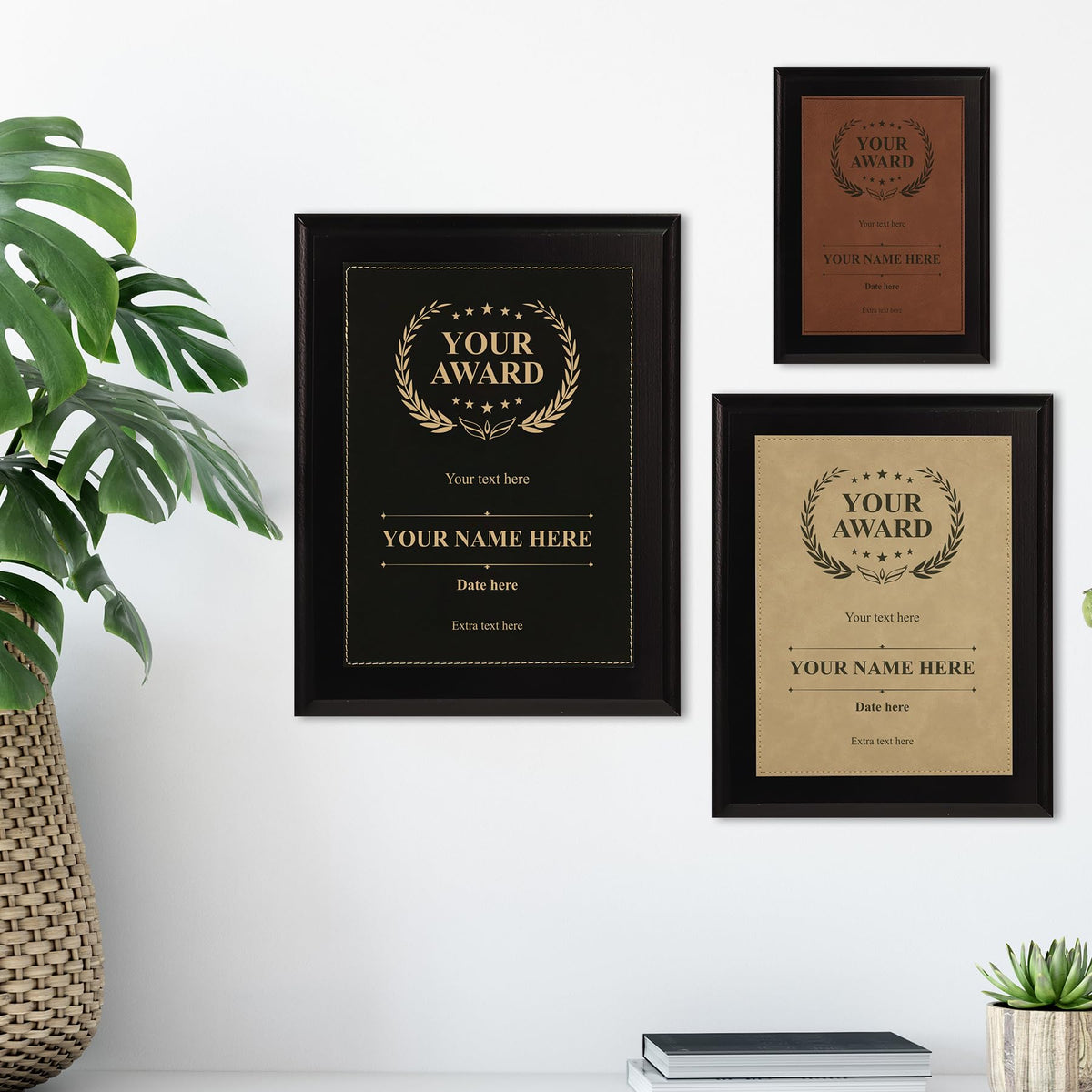 Customizable Leatherette Award Plaque, Black Wood Frame Custom Wall Plaque With Optional Acrylic Easel Stand | Personalized Engraving