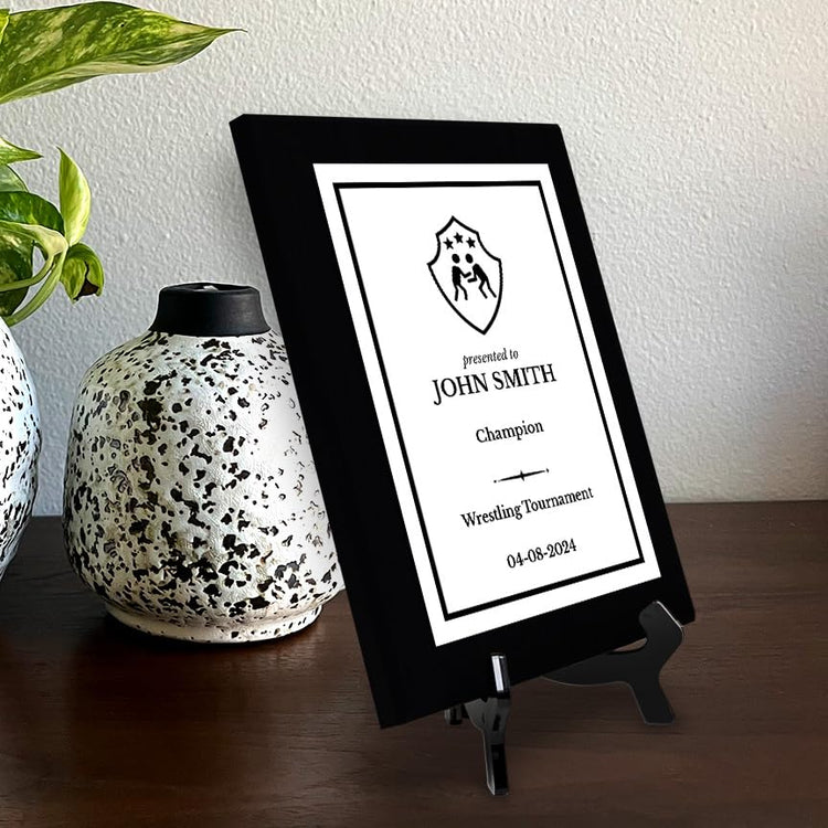 Wrestling Customizable Black Frame Wooden Award Plaque | Easel Mount Option | Achievement and Recognition Personalizable Plaques