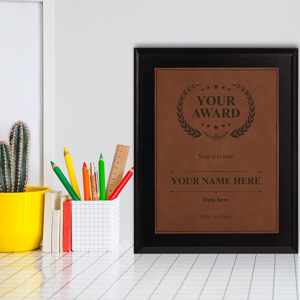Customizable Leatherette Award Plaque, Black Wood Frame Custom Wall Plaque With Optional Acrylic Easel Stand | Personalized Engraving