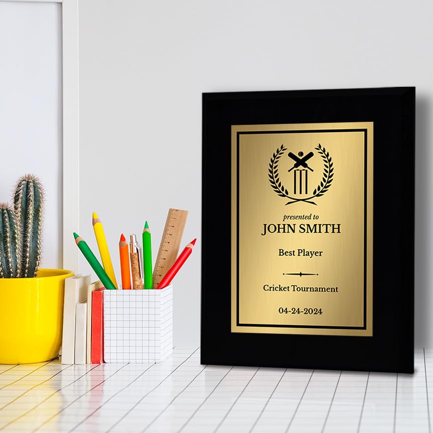 Cricket Customizable Black Frame Wooden Award Plaque | Easel Mount Option | Achievement and Recognition Personalizable Plaques | Sports Award