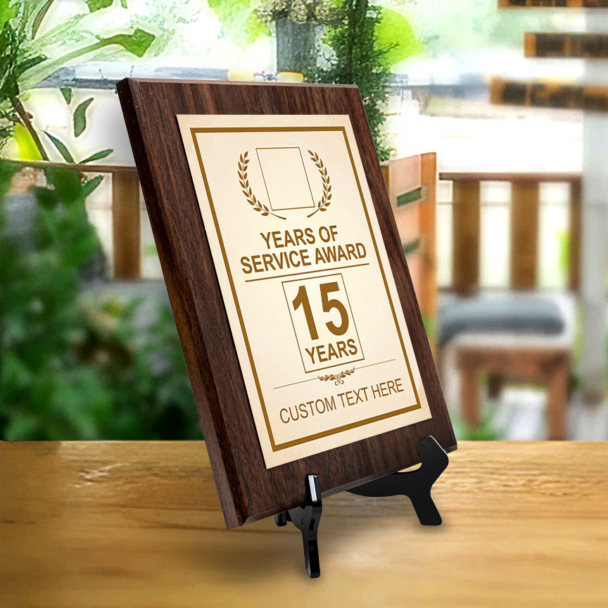 Years of Service Award Plaque — 15 Years Award Personalized (Wooden) Wall Plaque With Easel Acrylic Stand | Workplace Recognition Ceremonies Award Plaques