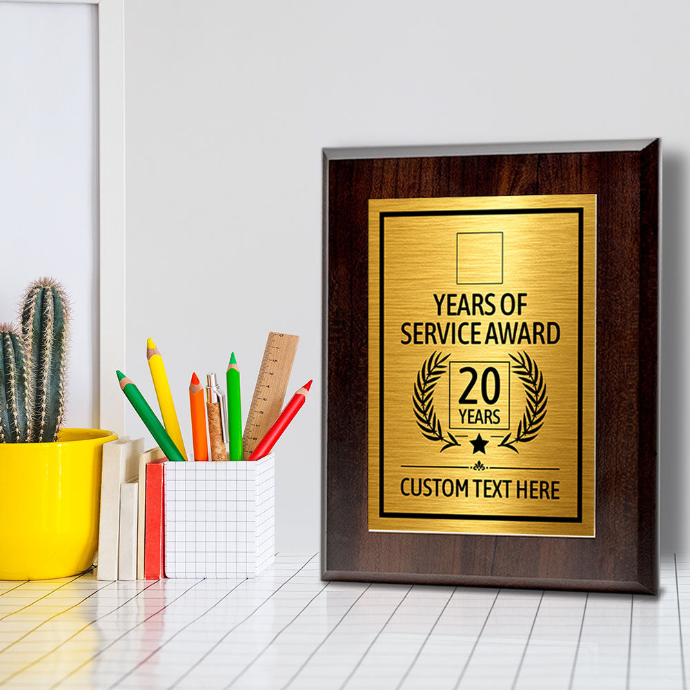Years of Service Award Plaque — 20 Years Award Personalized (Wooden) Wall Plaque With Easel Acrylic Stand | Workplace Recognition Ceremonies Award Plaques