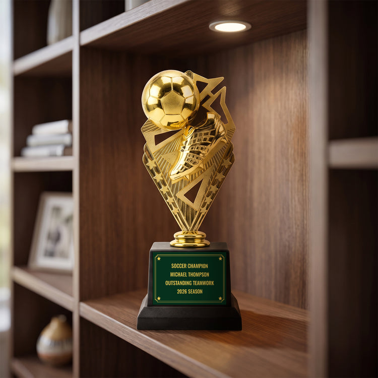 All Quality Soccer Trophy, Custom Engraved Ball & Cleat Figure, Black Base — Personalized Youth Soccer Award, MVP & Most Improved Player Gift
