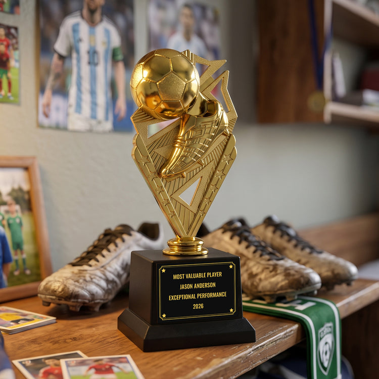 All Quality Soccer Trophy, Custom Engraved Ball & Cleat Figure, Black Base — Personalized Youth Soccer Award, MVP & Most Improved Player Gift