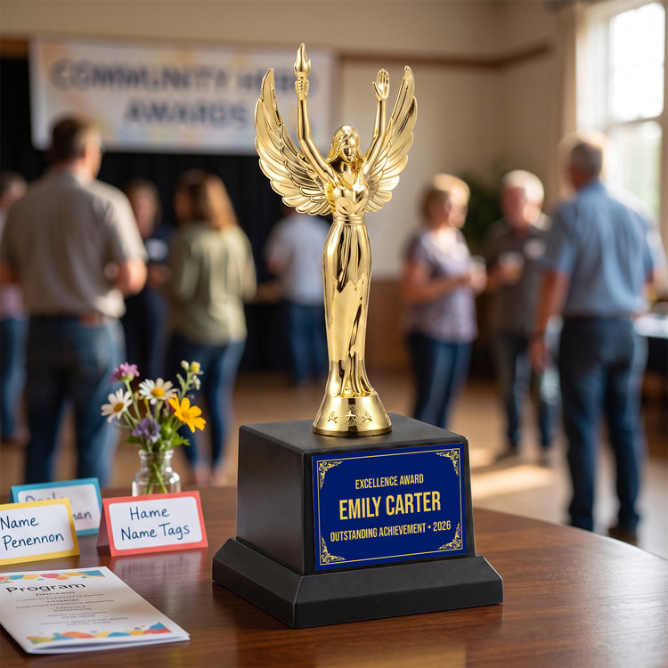 All Quality Victory Trophy, Custom Engraved Winged Figure, Black Base — Personalized Achievement & Recognition Award for Any Occasion