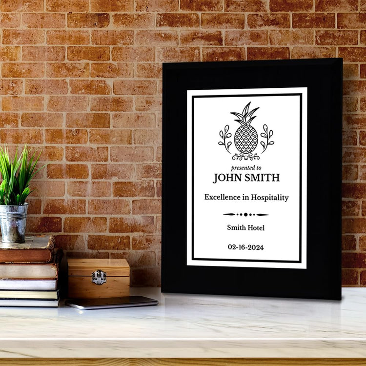 Hospitality Theme Customizable Black Frame Award Plaque | Easel Mount Option | Recognition of Achievement and Service Personalizable Plaques