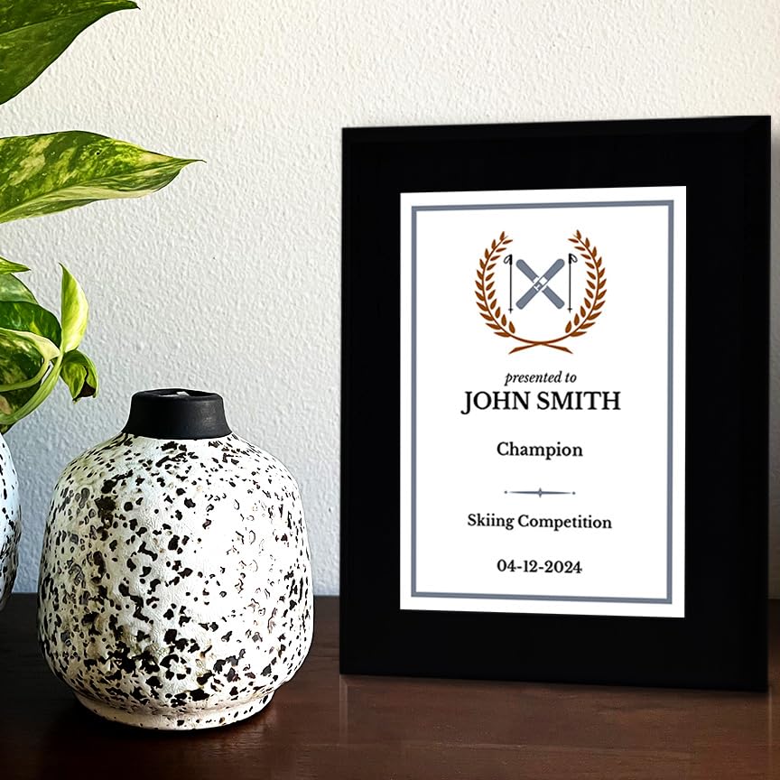 Skiing Customizable Black Frame Wooden Award Plaque | Easel Mount Option | Achievement and Recognition Personalizable Plaques