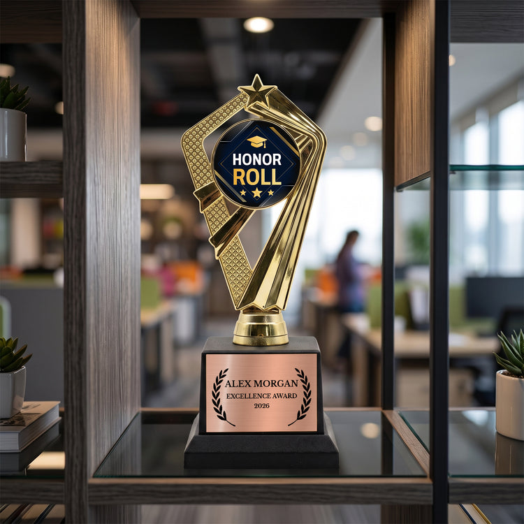 All Quality Honor Roll Trophy, Custom Engraved Star Award, Black Base — Personalized Academic Achievement Award for Students