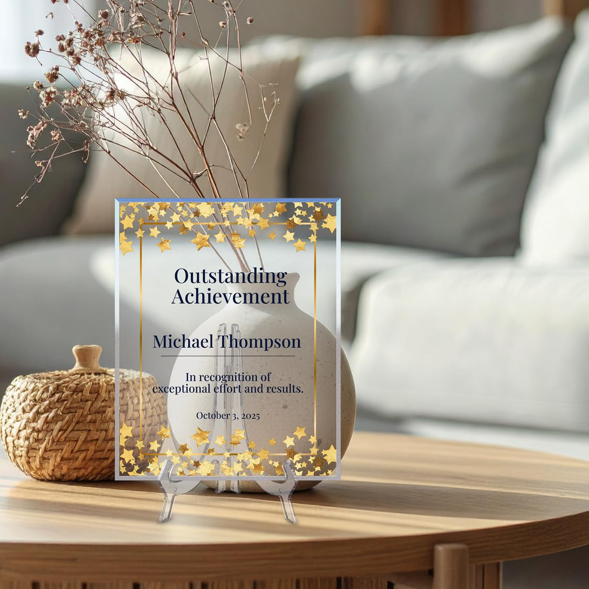 Signs ByLITA Personalized Acrylic Award Plaque with Golden Stars Design – Custom Engraved Clear Desk Award, Recognition Gift, Office Decor (Multiple Sizes)