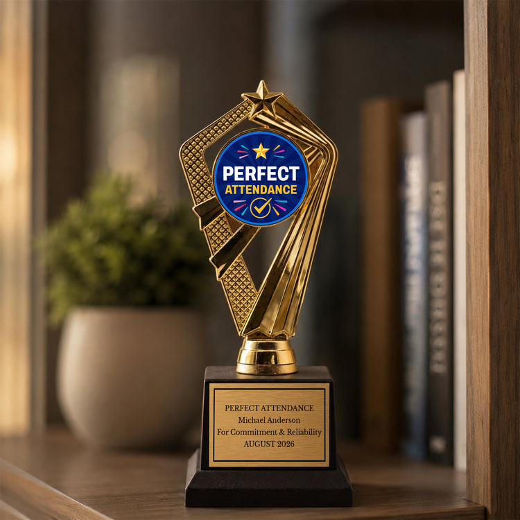 All Quality Perfect Attendance Trophy, Custom Engraved Star Award — Personalized Attendance Recognition Award for Students