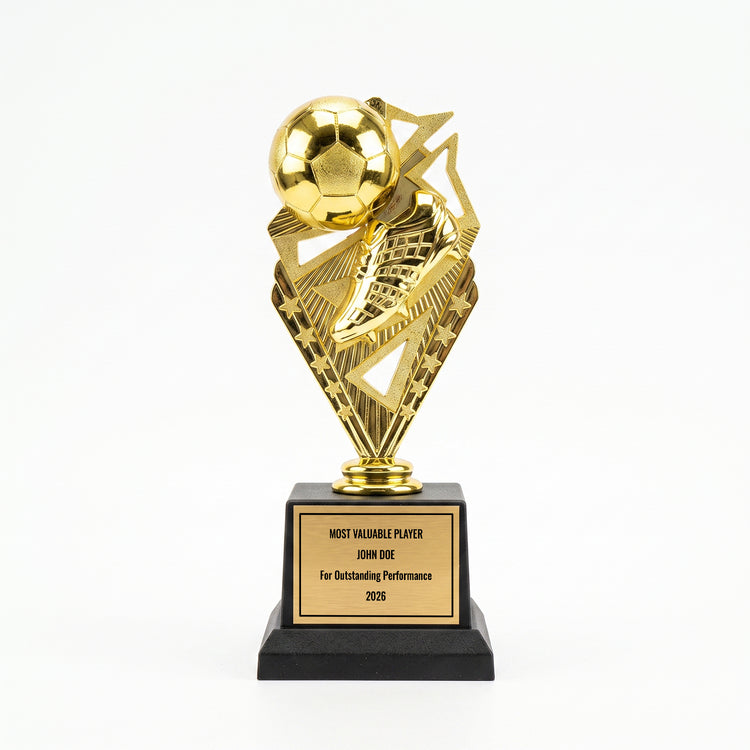 All Quality Soccer Trophy, Custom Engraved Ball & Cleat Figure, Black Base — Personalized Youth Soccer Award, MVP & Most Improved Player Gift