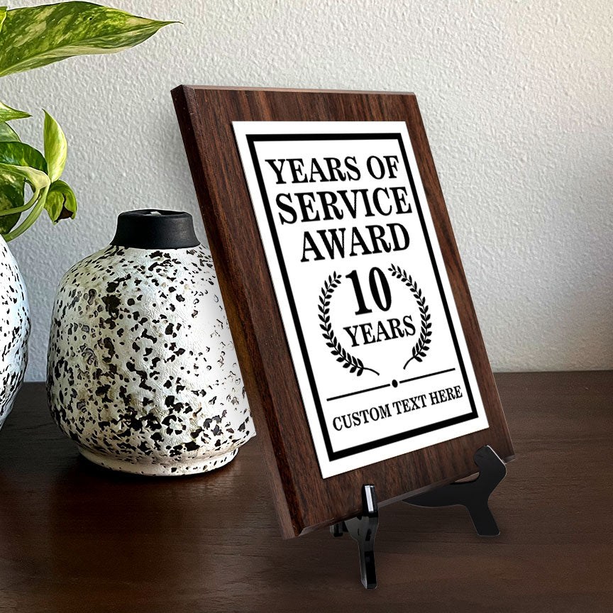 Years of Service Award Plaque — 10 Years Award Personalized (Wooden) Wall Plaque With Easel Acrylic Stand | Workplace Recognition Ceremonies Award Plaques