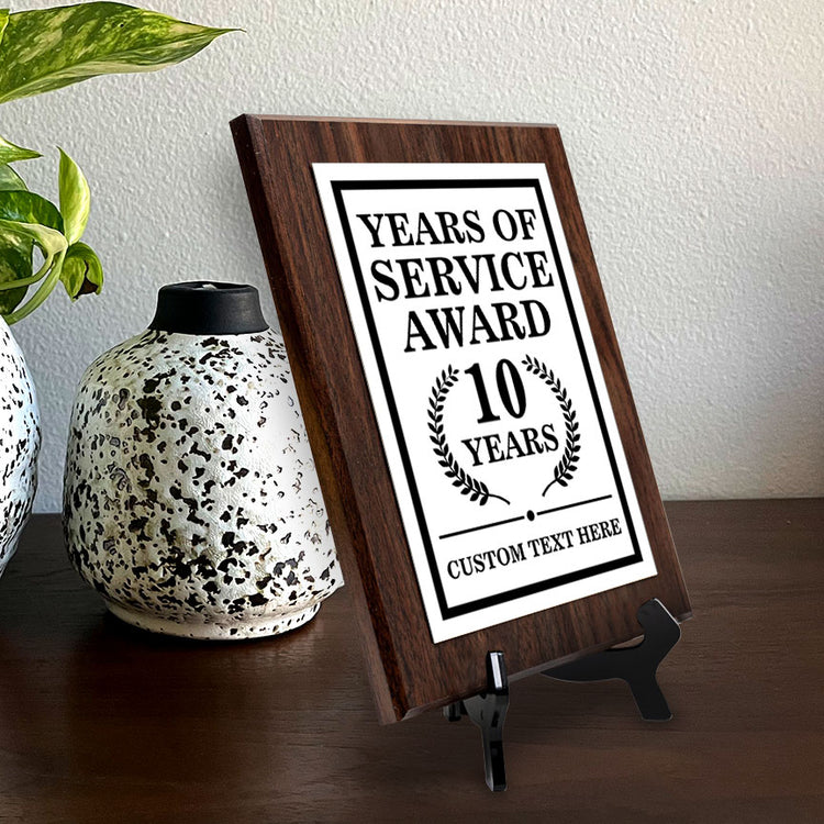 Years of Service Award Plaque — 10 Years Award Personalized (Wooden) Wall Plaque With Easel Acrylic Stand | Workplace Recognition Ceremonies Award Plaques