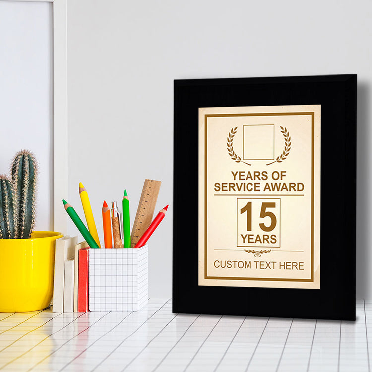 Years of Service Award Plaque — 15 Years Award Personalized (Black) Wall Plaque With Easel Acrylic Stand | Workplace Recognition Ceremonies Award Plaques
