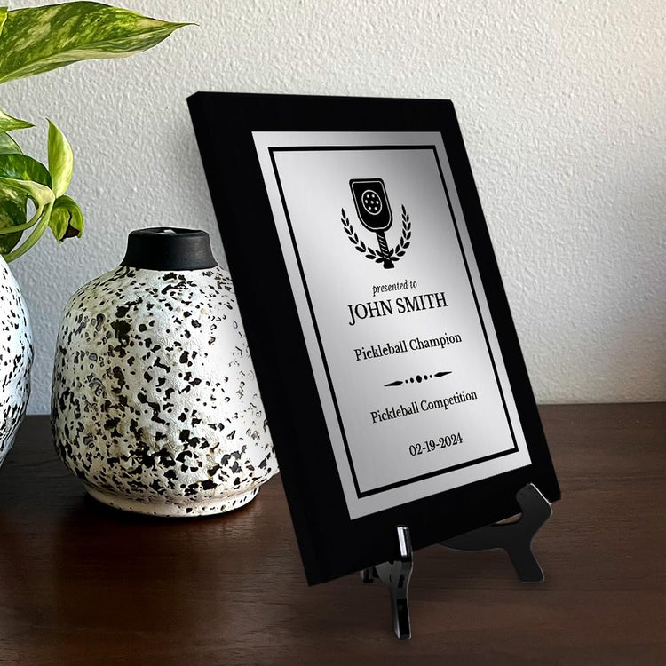 Pickleball Competition Customizable Black Frame Award Plaque | Easel Mount Option | Achievement and Recognition Personalizable Plaques