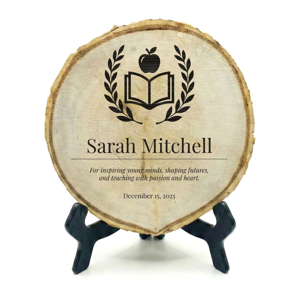 Customizable Rustic Round (Professional Award) Wood Signs – Natural Bark-Edge with a Sleek Black Acrylic Easel – For Counters, Doors & Walls