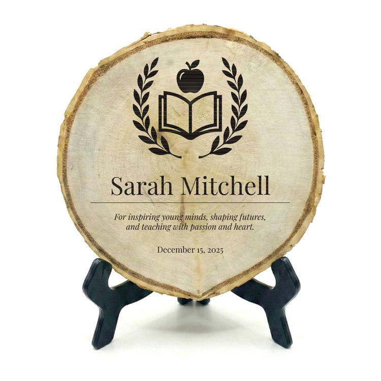 Customizable Rustic Round (Professional Award) Wood Signs – Natural Bark-Edge with a Sleek Black Acrylic Easel – For Counters, Doors & Walls