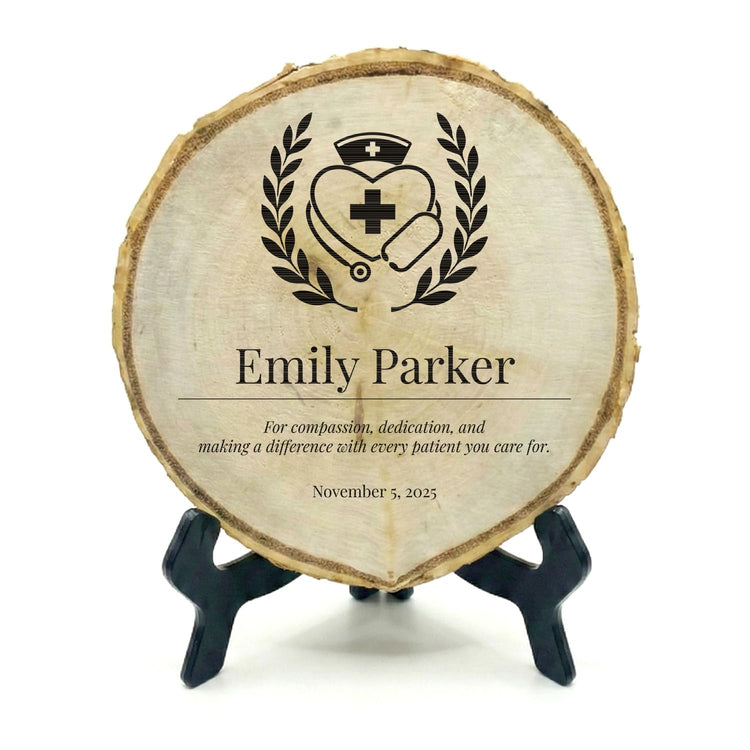 Customizable Rustic Round (Professional Award) Wood Signs – Natural Bark-Edge with a Sleek Black Acrylic Easel – For Counters, Doors & Walls